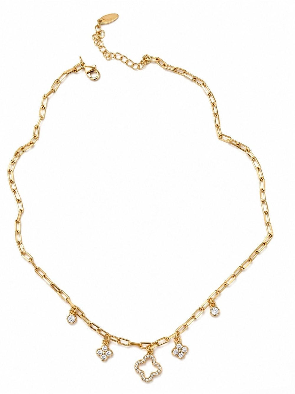 14K Gold Plated Clover Charm Necklace Rhodium Adjustable Water Resistant